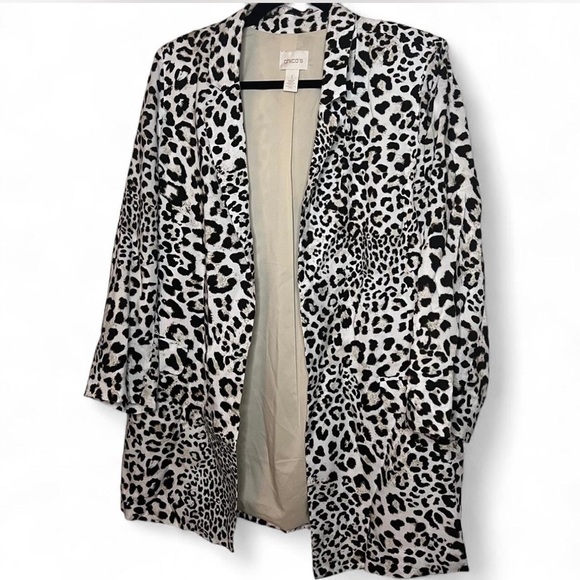Chico’s Animal Print Open Front Blazer Jacket Medium White Black Brown - Picture 2 of 8